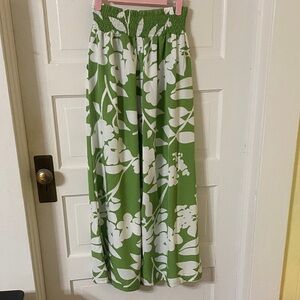 Green Floral Print Wide Leg Palazzo Pants Smocked High Waist Casual Summer